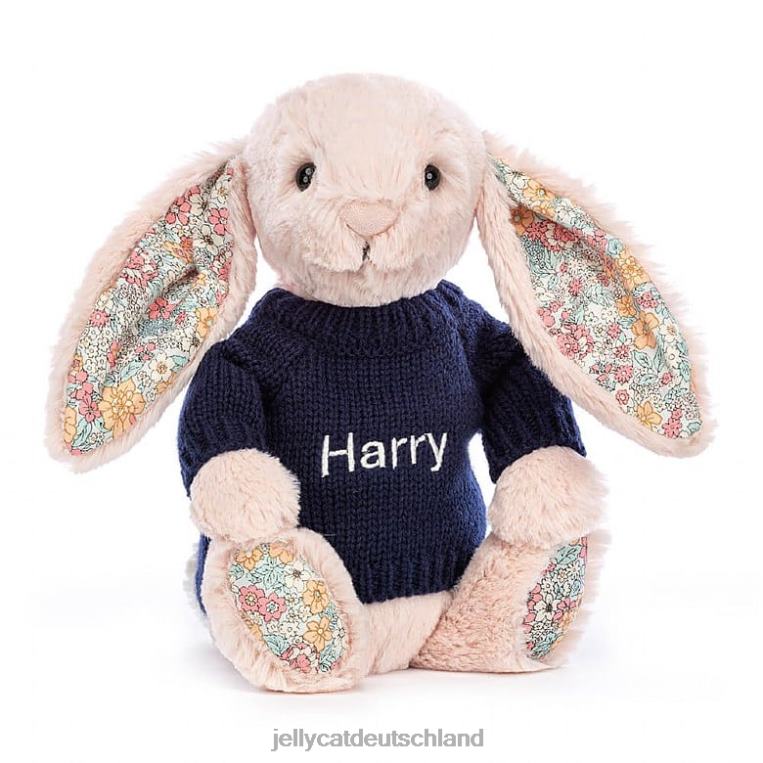 Jellycat Blossom Blush Bunny mit personalisiertem marineblauem Pullover, Pfirsich Spielzeug Z8424484